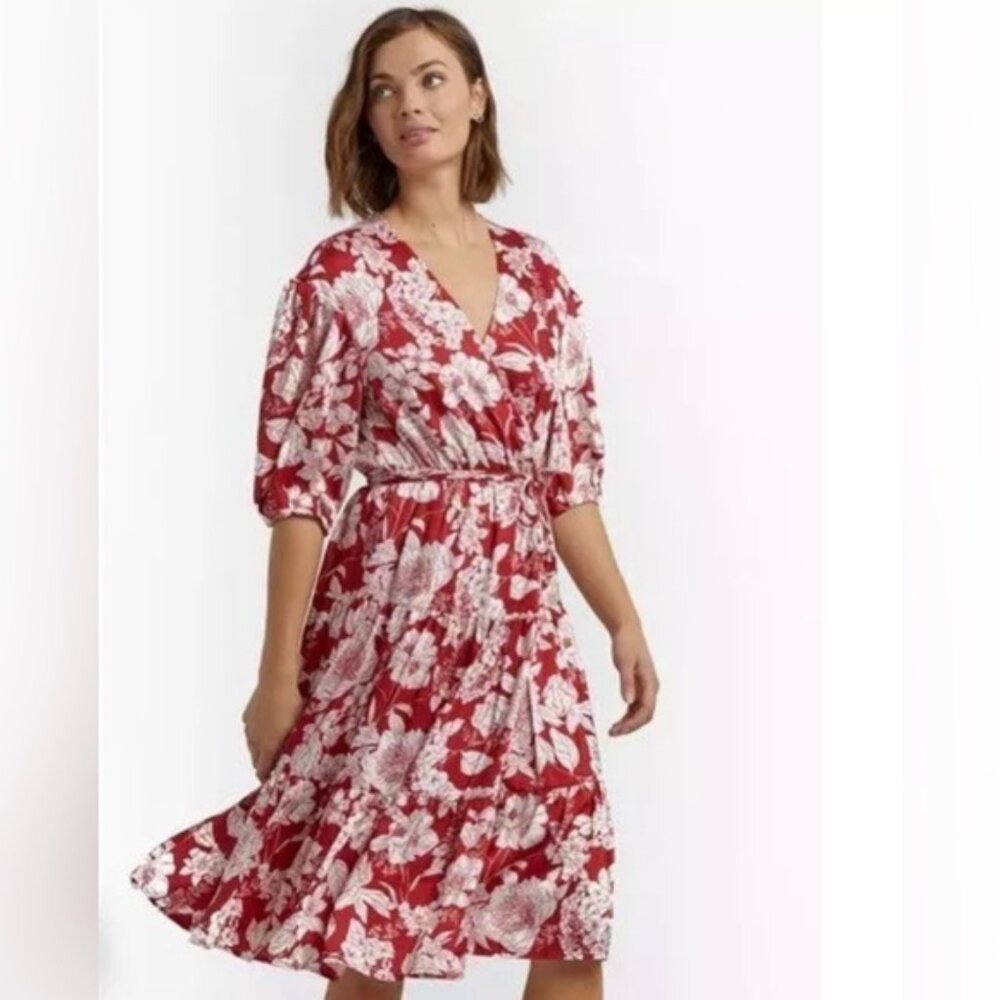 NWT REBECCA MINKOFF Mary Wrap Up Tie‎ Floral Flowy Midi Dress MEDIUM - Picture 2 of 14